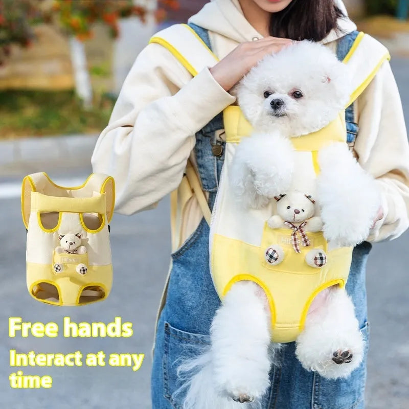 Cartoon animal design pet chest bag with colourful stitching on soft canvas material
