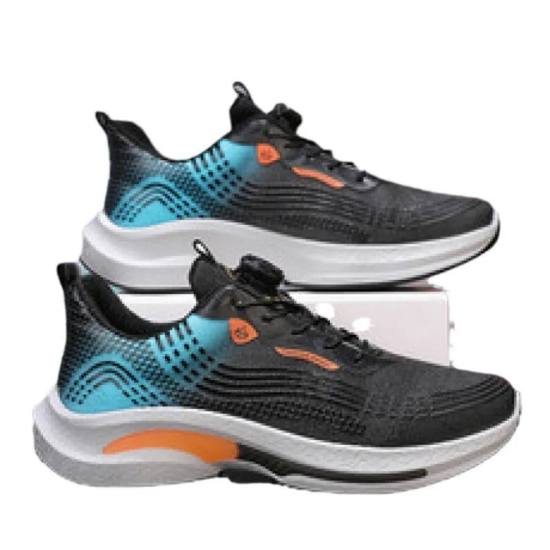 Men's low-top mesh sneakers in black and blue colourway with rubber sole.