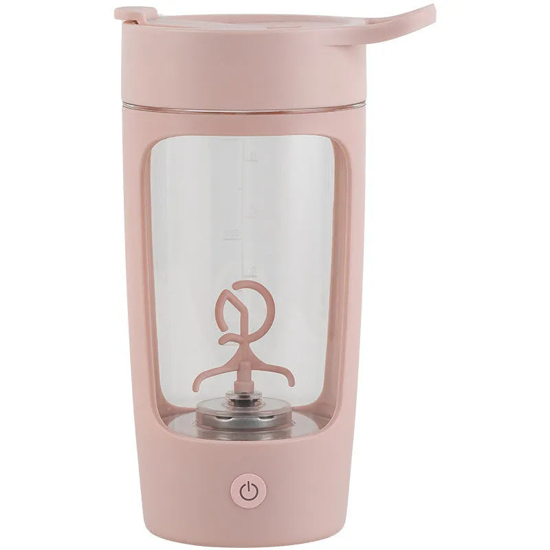 Portable rechargeable blender cup in black, blue, pink, and white colours, showing 650ml capacity and compact size.