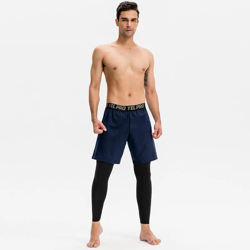 Man wearing grey high elastic tight sports pants for running or fitness training.