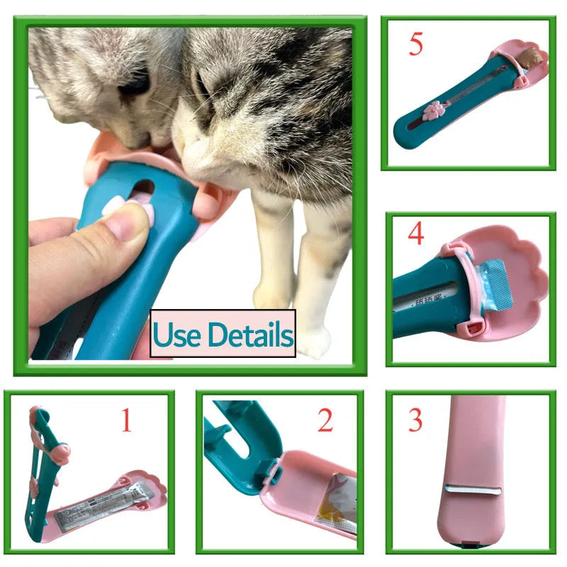 Green and pink handheld pet food squeezer spoon feeder for cats and dogs.