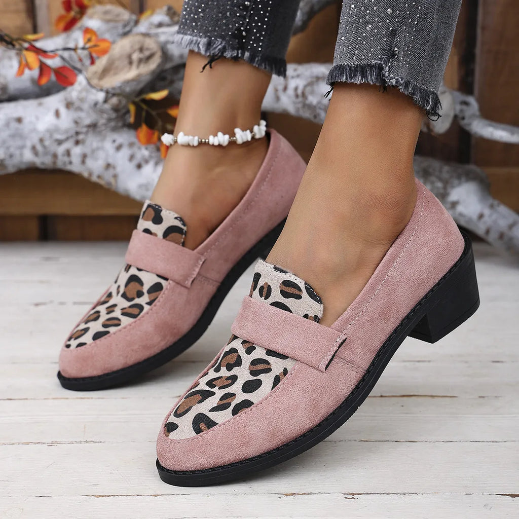 Leopard print suede casual pumps with chunky heel and pointed toe in brown, khaki, or pink colours
