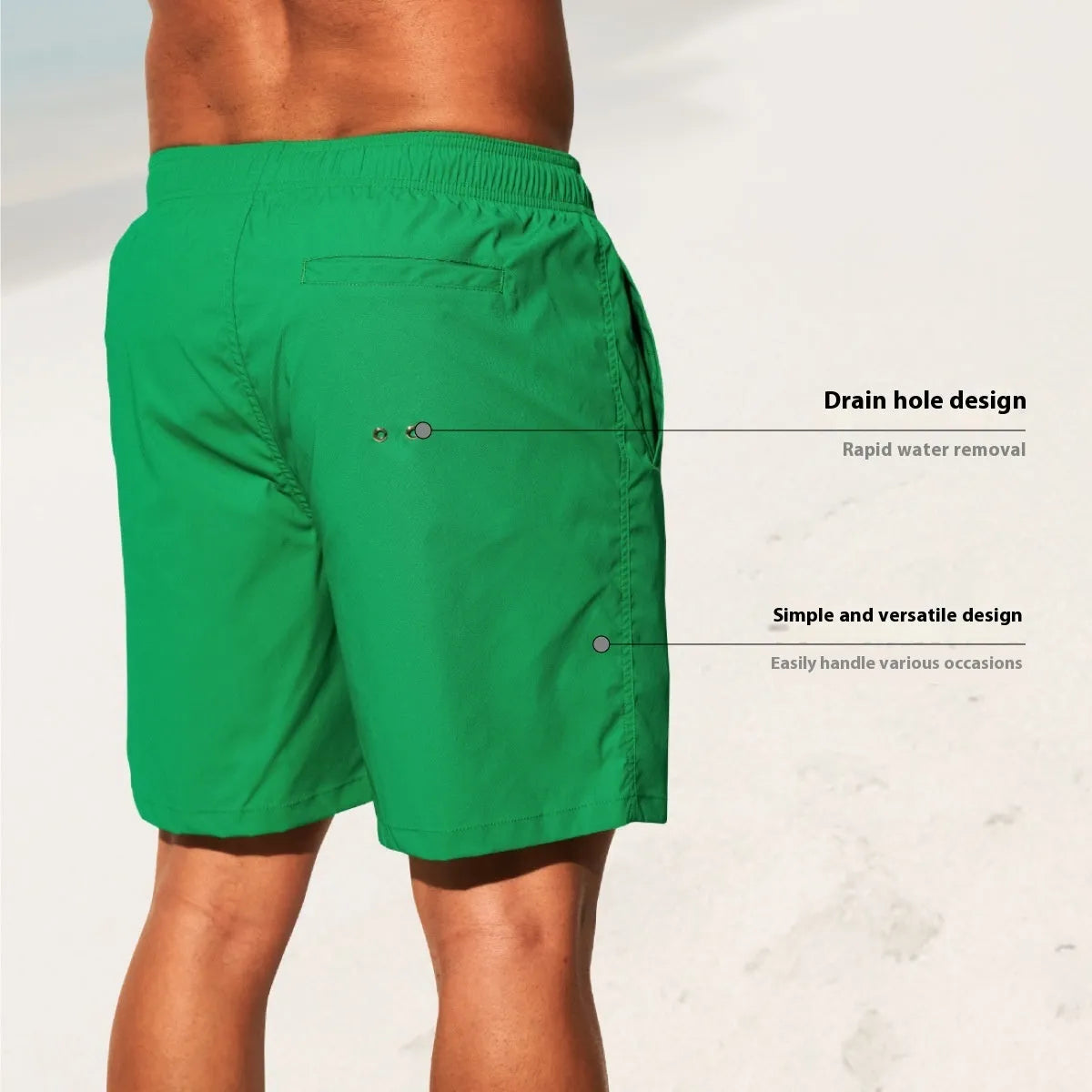 Men's solid colour quick-drying nylon beach shorts in a straight-leg style on a mannequin.