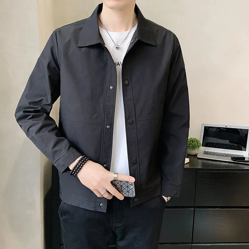 Korean style men's single-layer thin polyester jacket in light gray, shown on a model.