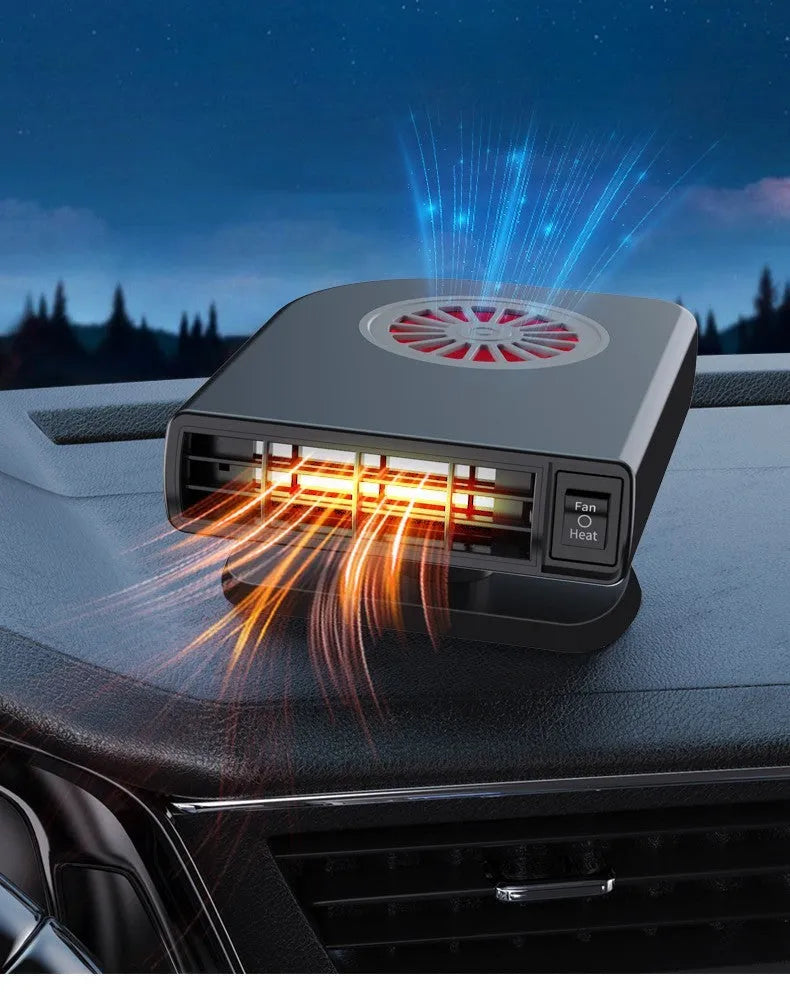 Black compact vehicle-mounted heater for car defrosting and defogging with 360-degree rotation.