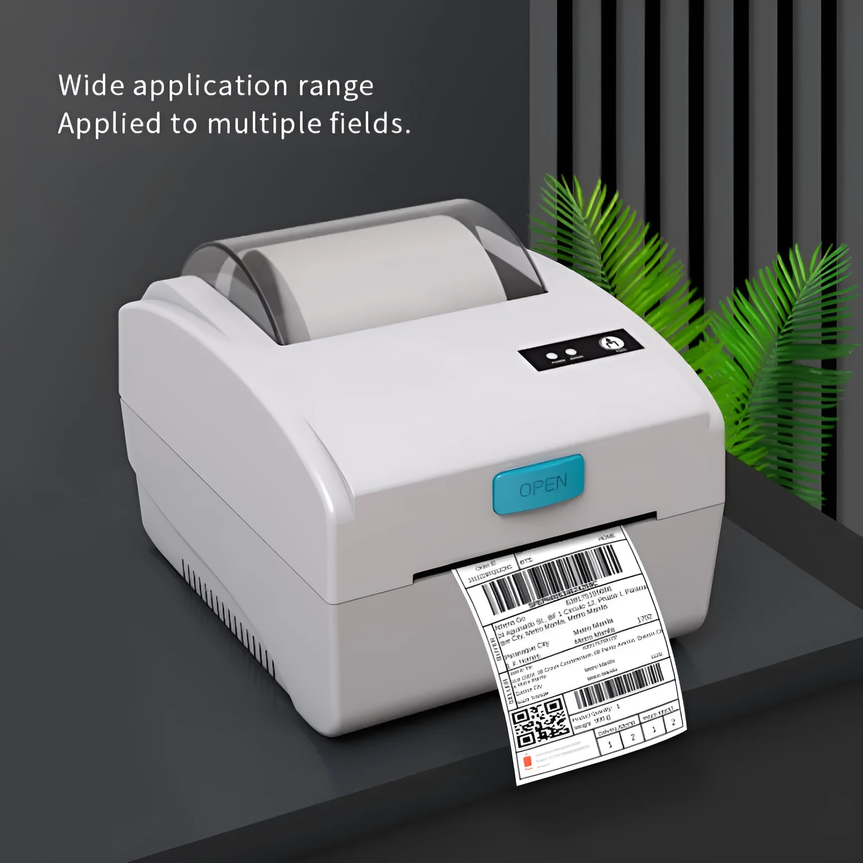 White compact thermal label printer with USB port and Bluetooth connectivity.