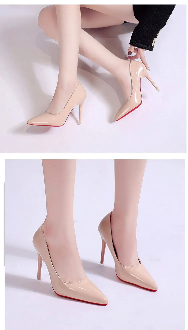 Women's solid colour stiletto heel pumps with pointed toe and shallow mouth design.