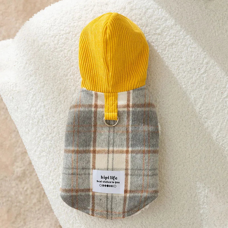 Blue and yellow corduroy hooded dog vest with chessboard grid pattern and traction point