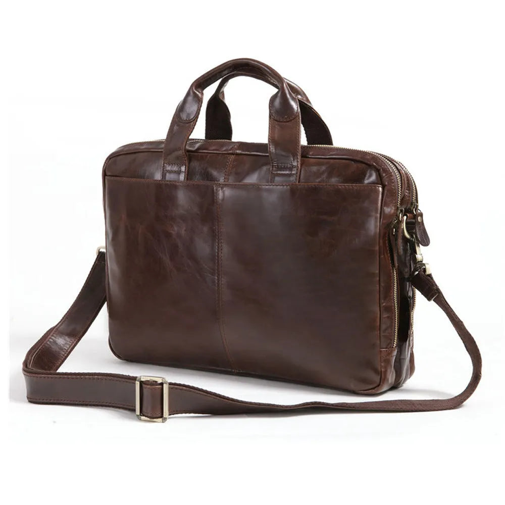 Brown first layer cowhide leather business briefcase with 18-inch laptop compartment