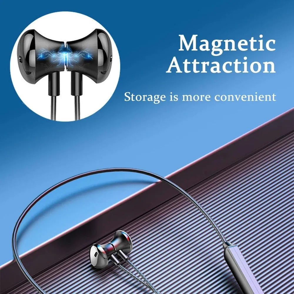 Black neck-mounted wireless sports earphones with binaural stereo design