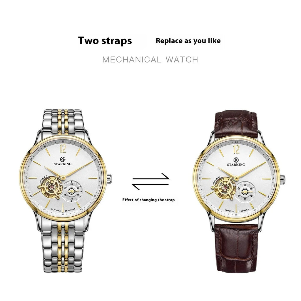 Men's steel and brown leather automatic business watch with hollow dial on white background