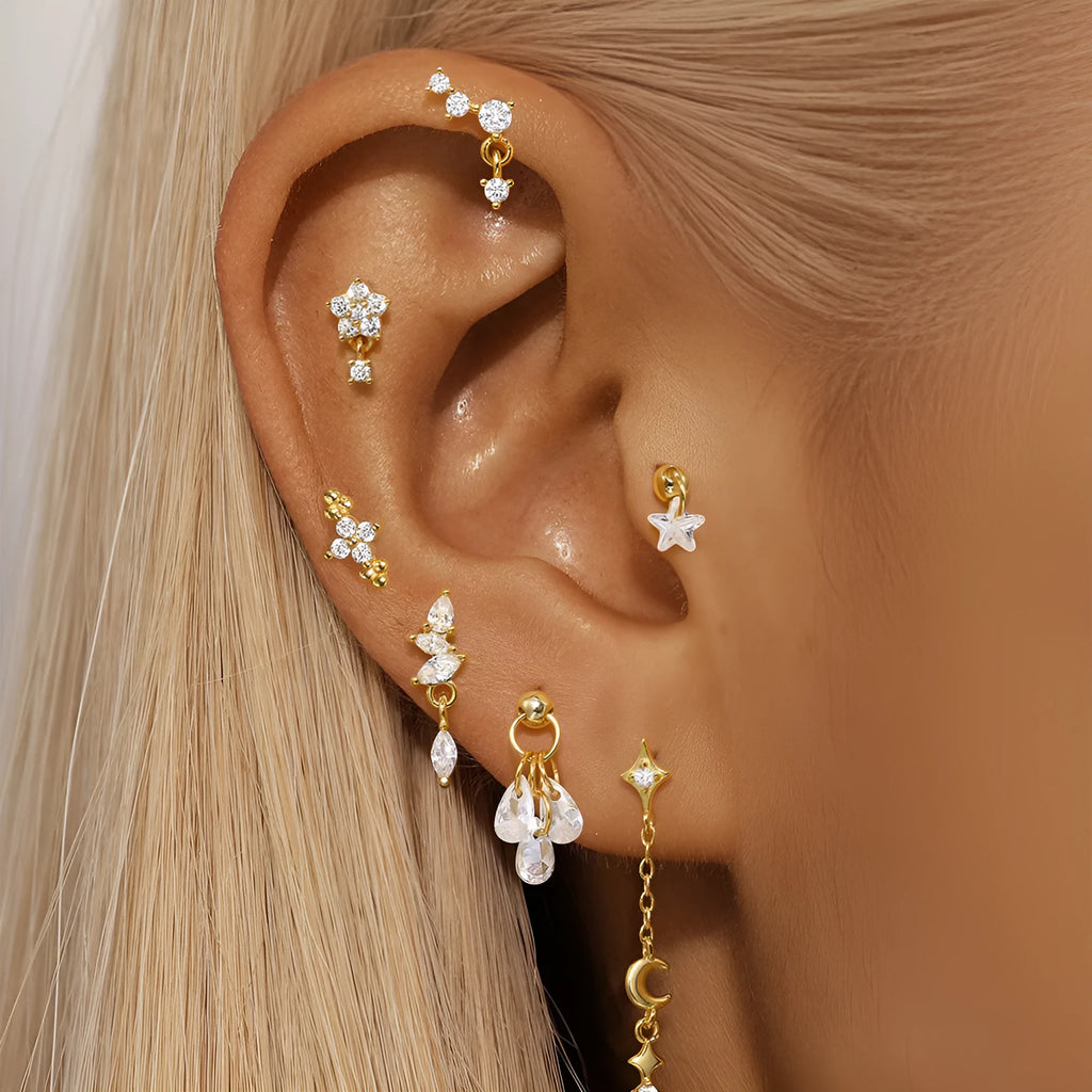 S925 sterling silver geometric moon and star earrings with diamond accents in gold tone