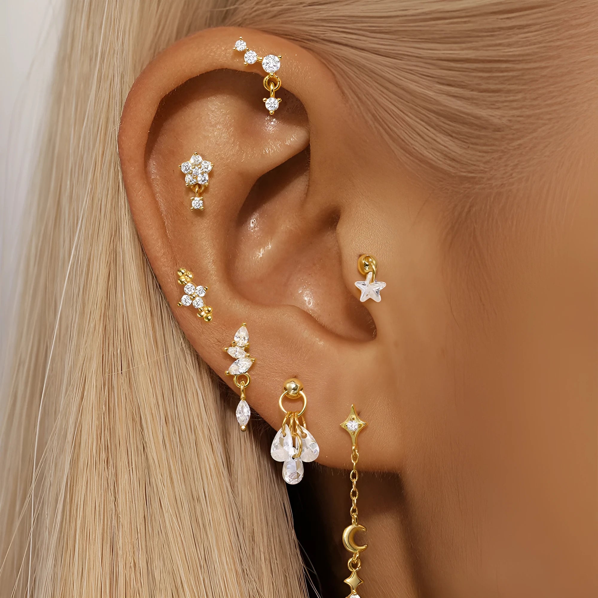 S925 sterling silver geometric moon and star earrings with diamond accents in gold tone