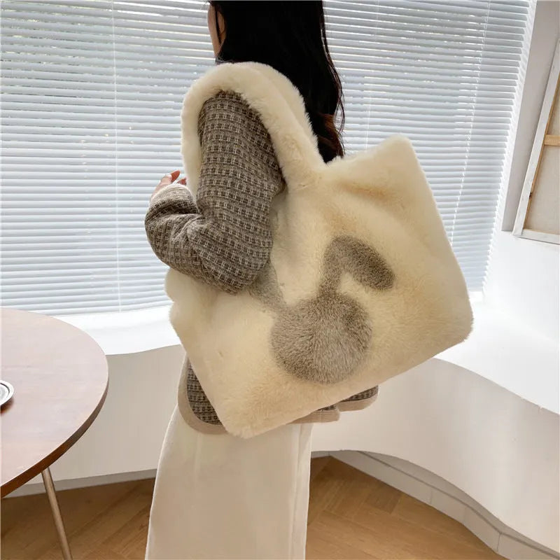 Cartoon rabbit ears plush shoulder bag in solid colour with large tote capacity