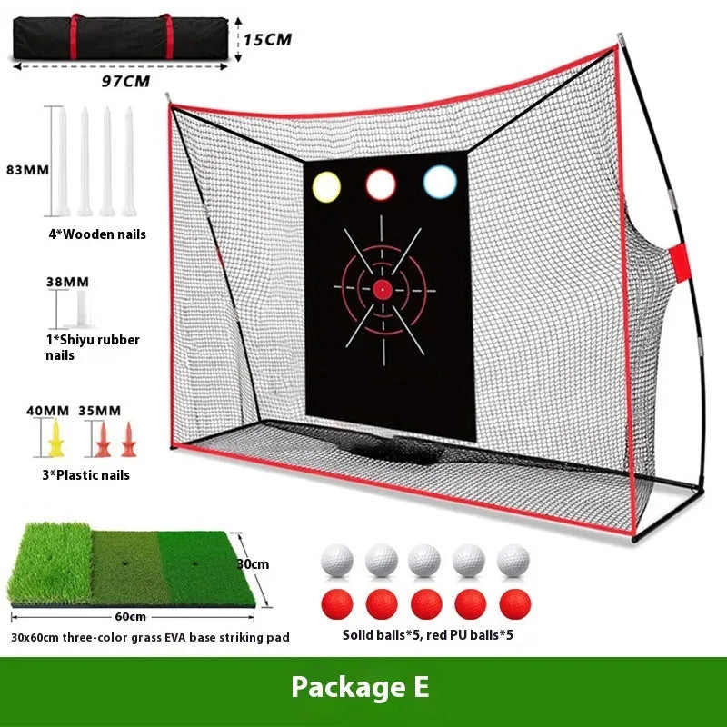 Golf swing wedge training net set with straw mat, practice balls, and target net laid out.