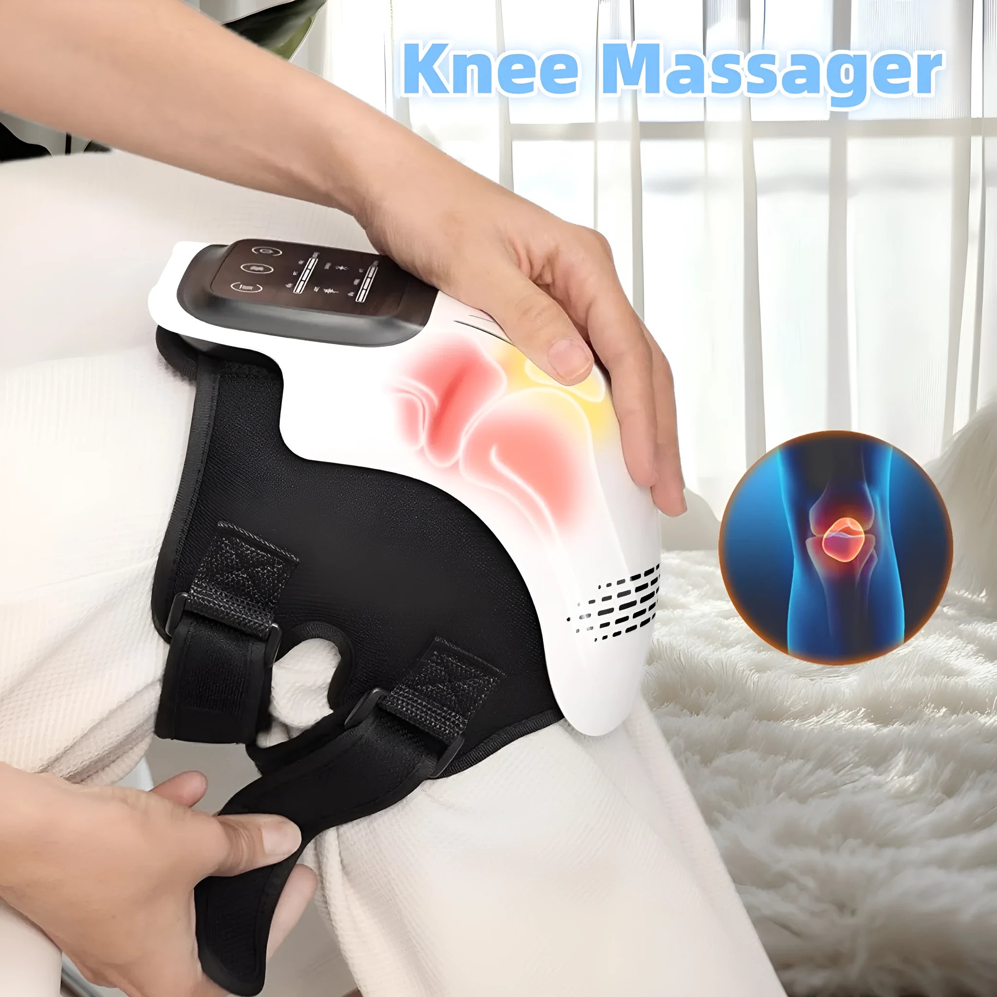 Rechargeable electric knee massager with infrared laser and vibration therapy in white and wood colour options
