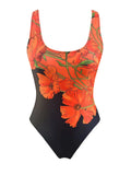 Orange flowers printed backless one-piece swimsuit laid flat, showing slim fit and polyester fabric.