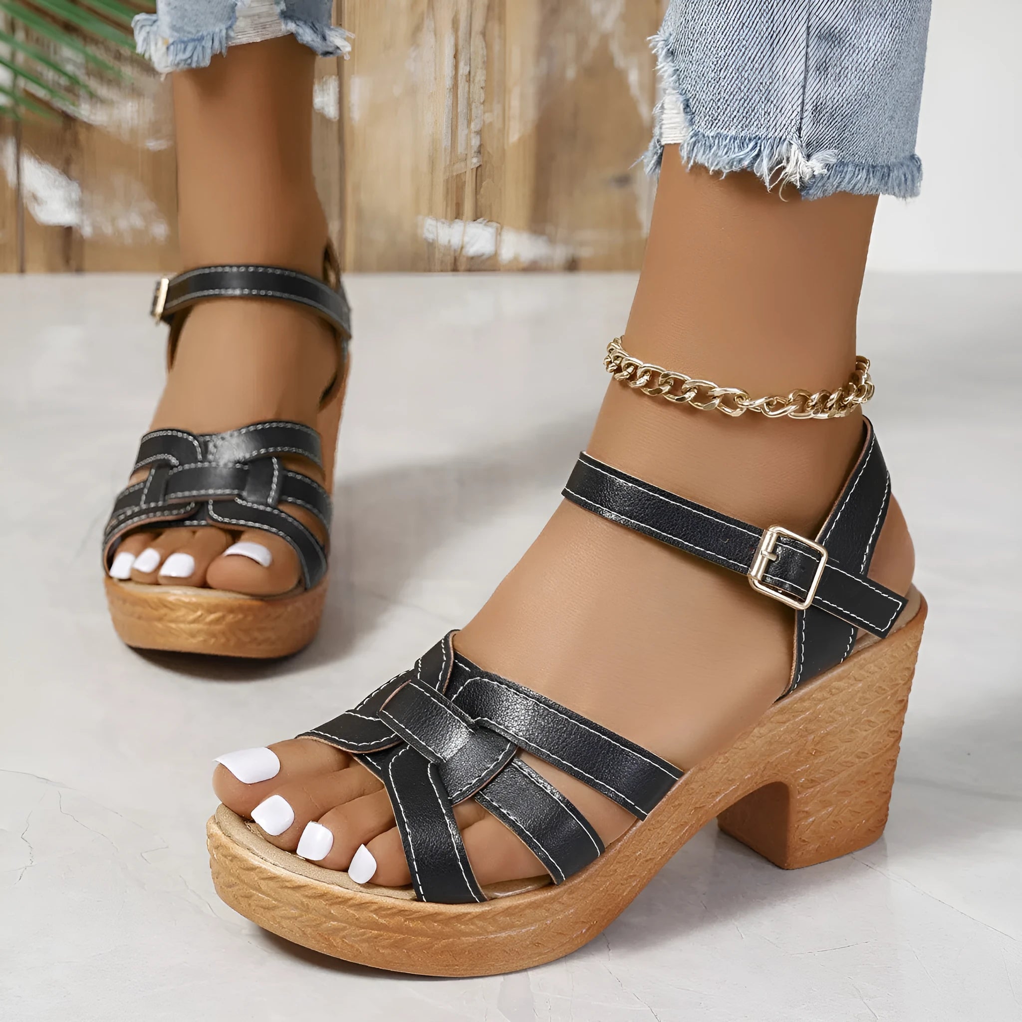 Plus size Roman women's peep toe sandals with chunky heel and ankle-strap buckle in black, brown, or white