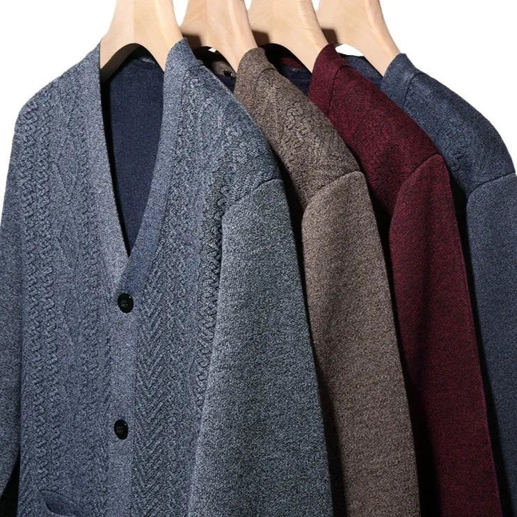 Men's striped cardigan sweater with wool lining in brown colour shown open over casual attire