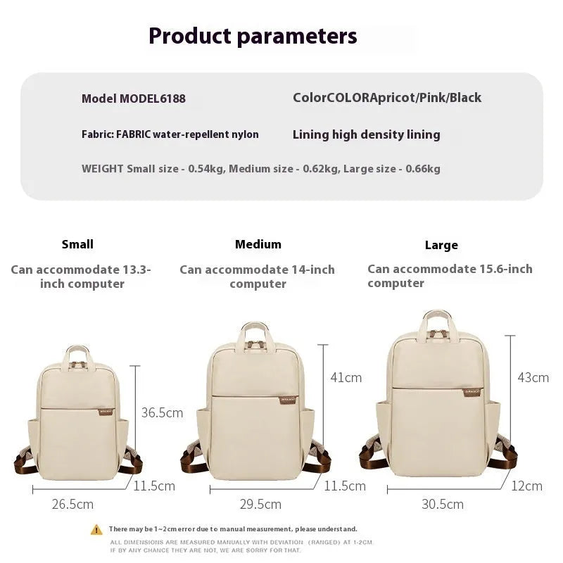 Simple large capacity women's canvas travel backpack in apricot colour, showing front view and organisational pockets.