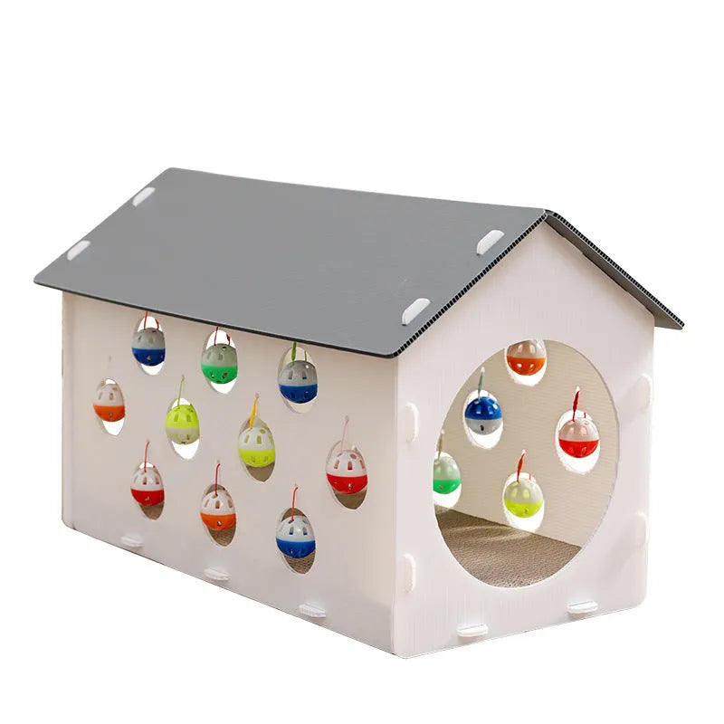 Plastic cat scratch board integrated with tunnel and nest containing bell ball