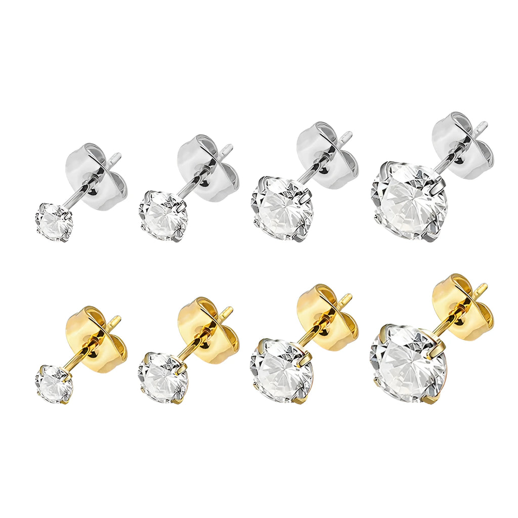Square cut zircon geometric stud earrings in stainless steel with gold or silver tone finish