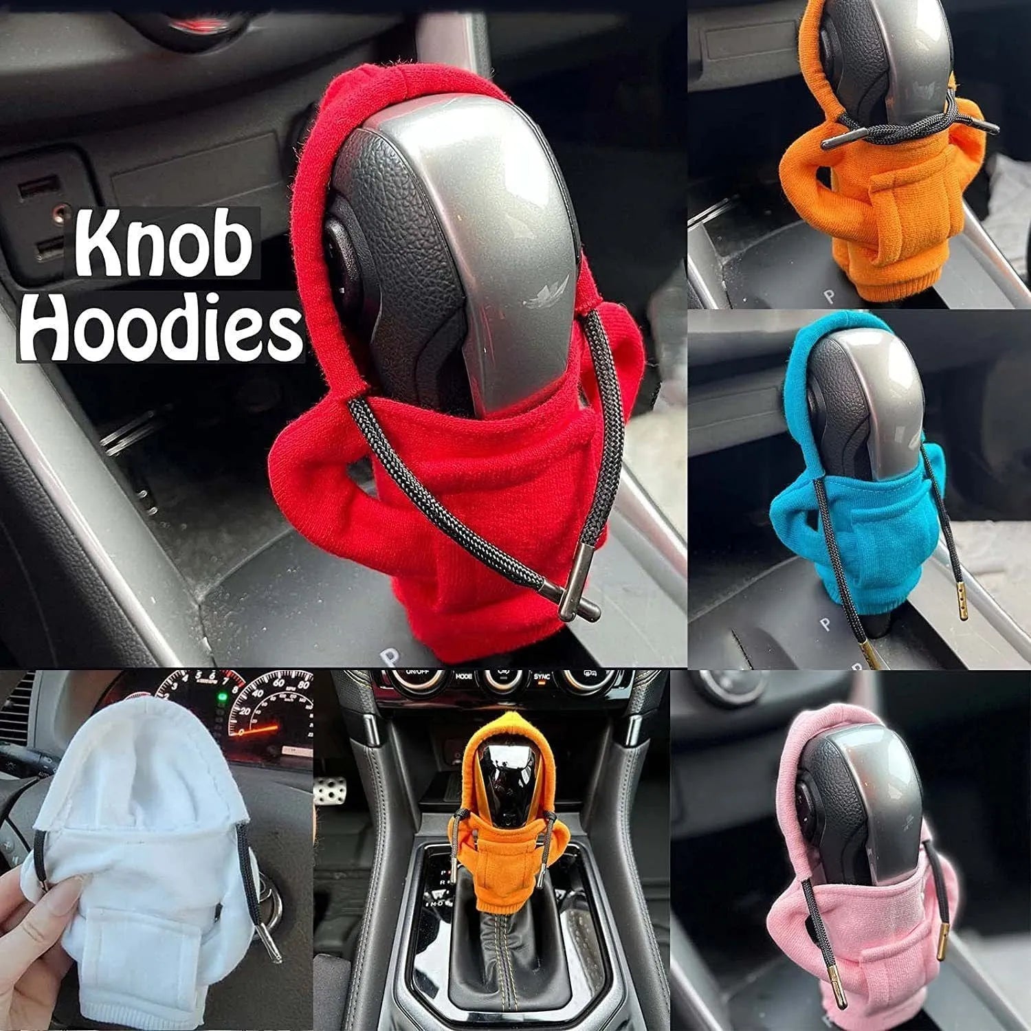 Cloth car gear shift knob hoodie cover in assorted colours next to a tape measure showing 13cm by 8cm dimensions.