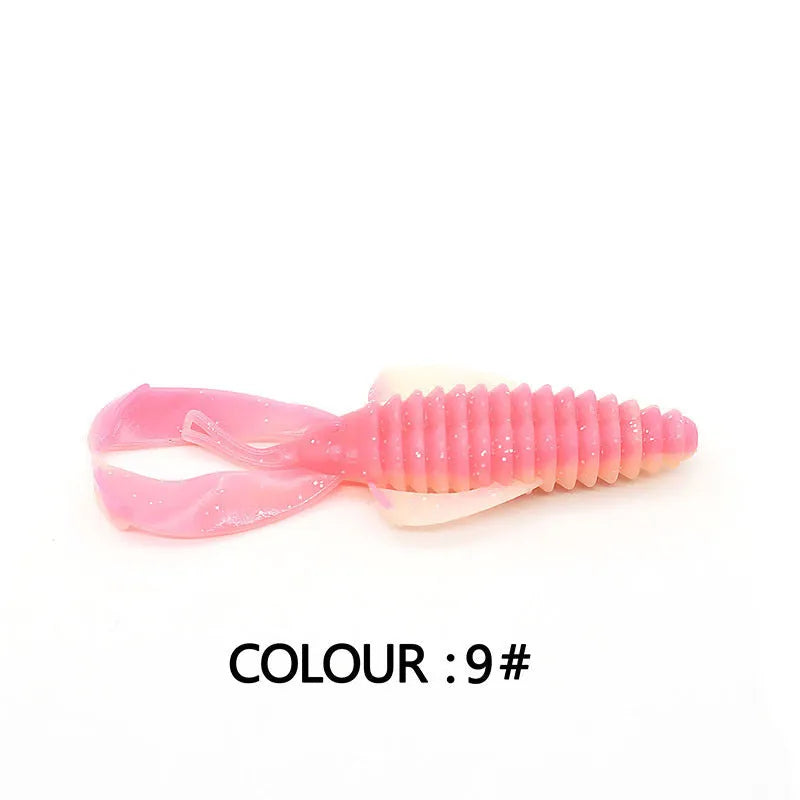 PVC soft plastic fishing lure shown in two sizes, 8cm and 12cm, with a selection of twelve different colour variations.