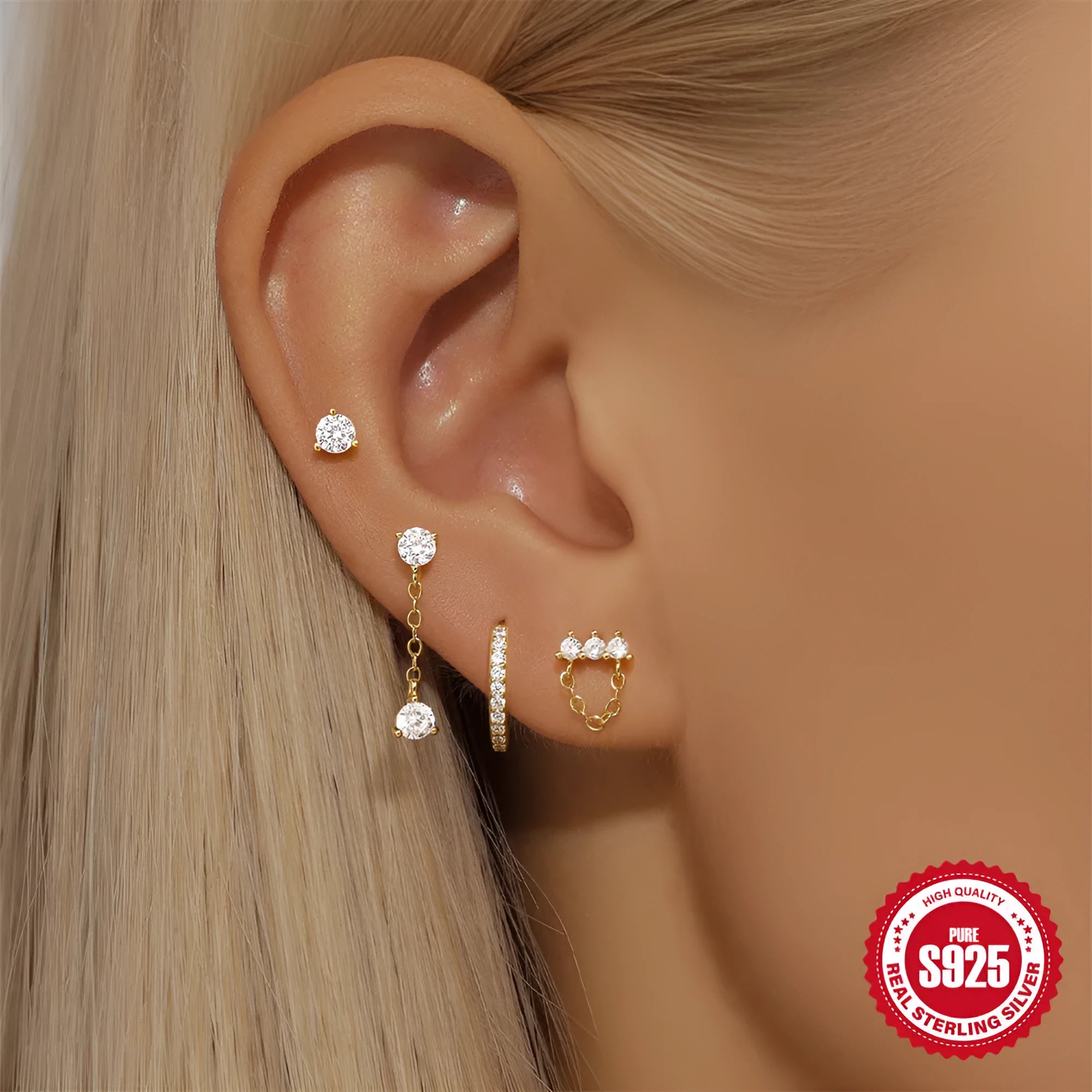 S925 sterling silver geometric clover petal earrings with electroplated gold finish