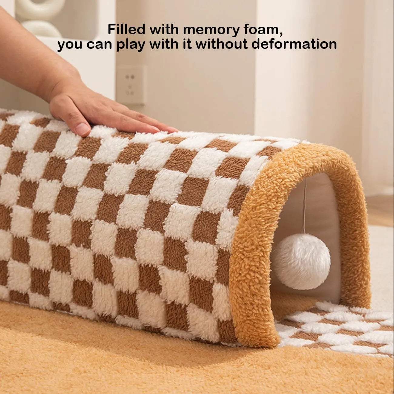 Fan-shaped plaid pet bed with attached tunnel for dogs and cats, coffee colour option