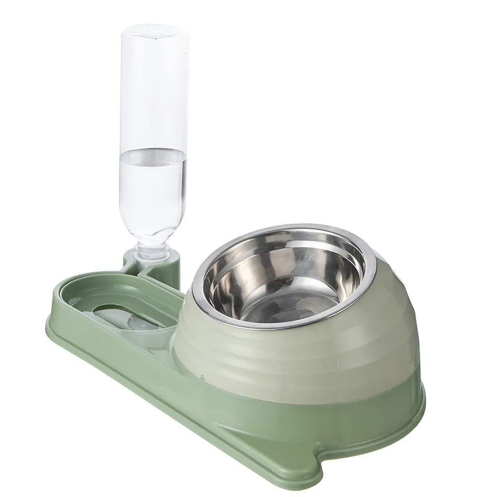 Brown elevated cat bowl with water dispenser bottle for automatic feeding