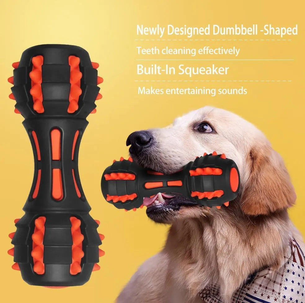Red rubber dumbbell-shaped dog chew toy with squeaker for medium and large breed dogs