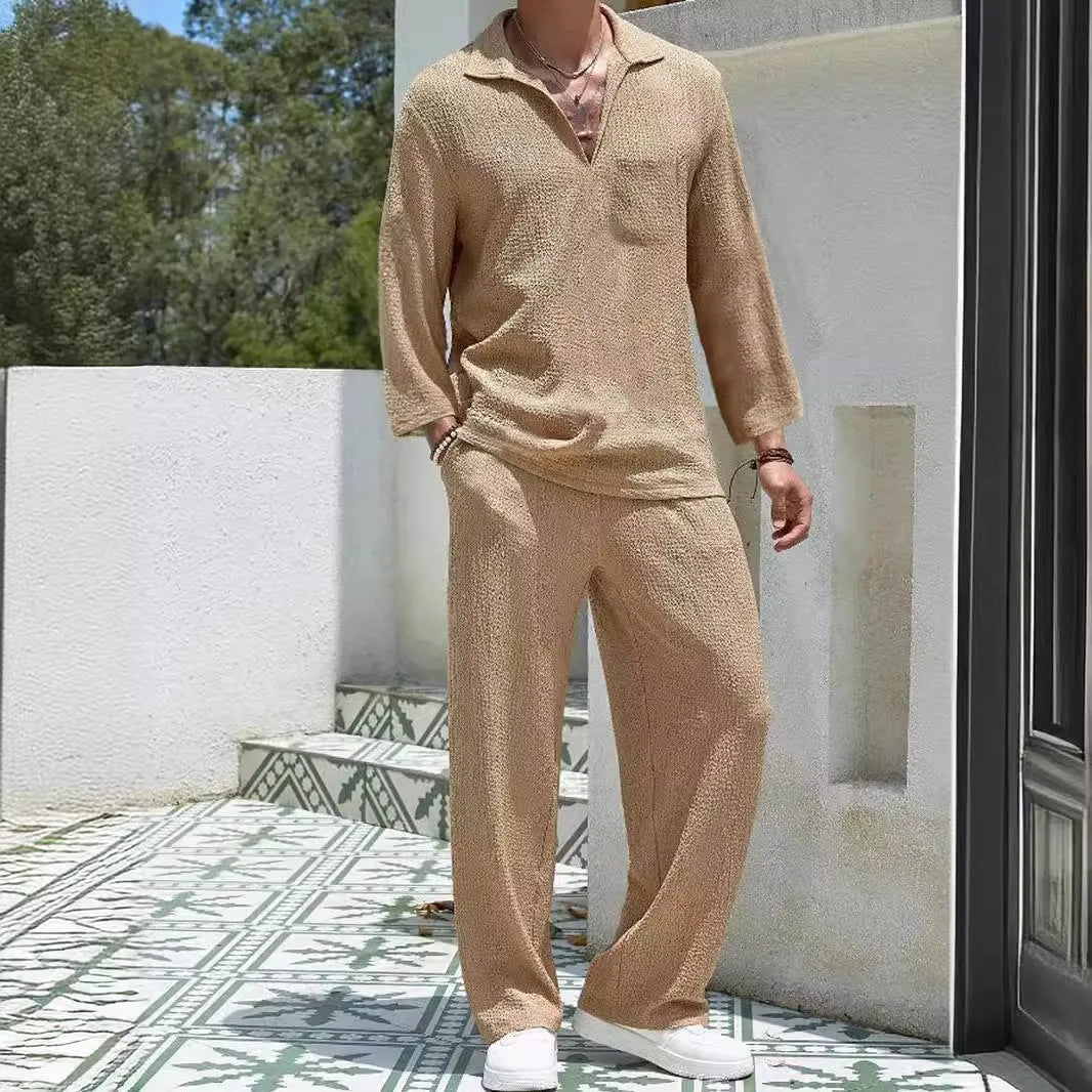 Men's casual shirt and trousers set in polyester fabric for autumn leisure wear.