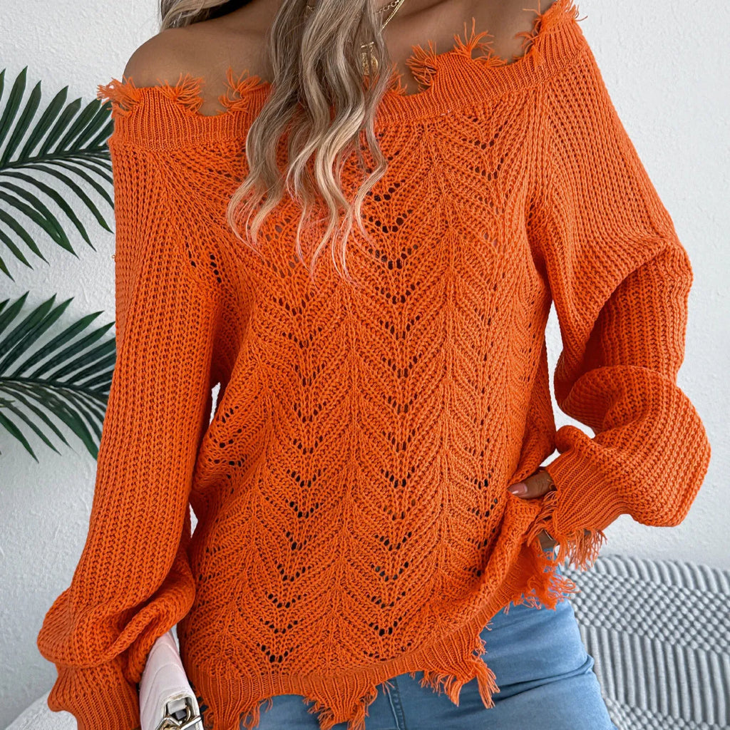 White hollow-out pullover sweater with cut off-the-shoulder design and long sleeves