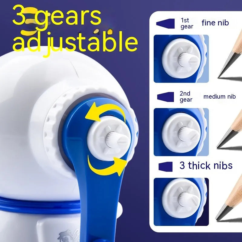 Blue astronaut cartoon pencil sharpener with manual operation and anti-jam mechanism