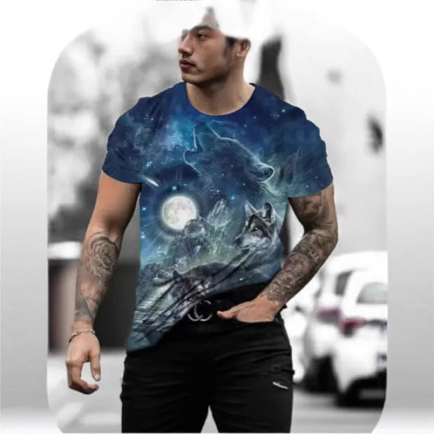 Retro 3D animal print on a men's grey short-sleeved t-shirt showing the digital print detail.