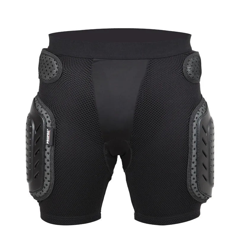 Black cycling hip protection pants with integrated pads for sports safety.