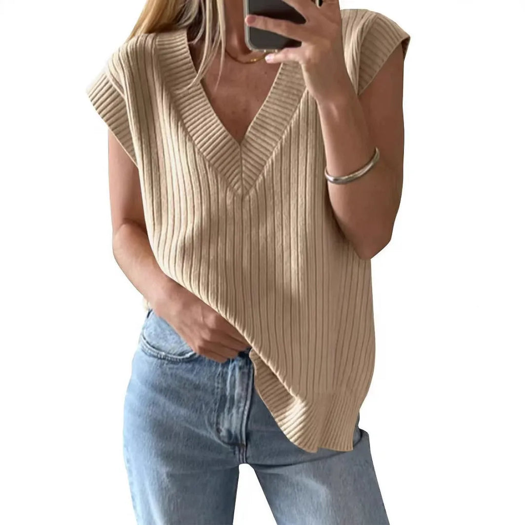 Women's camel coloured V-neck sleeveless pullover vest with loose fit and folding details