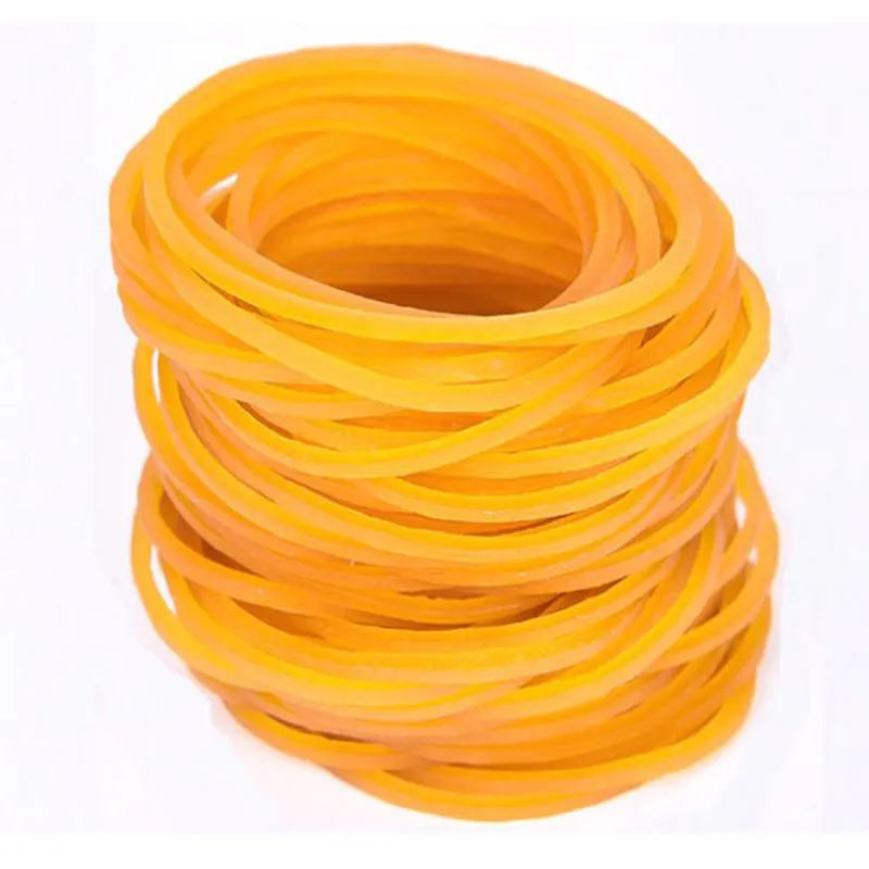 500g pack of bright yellow rubber bands showing assorted sizes from 25mm to 70mm diameter.