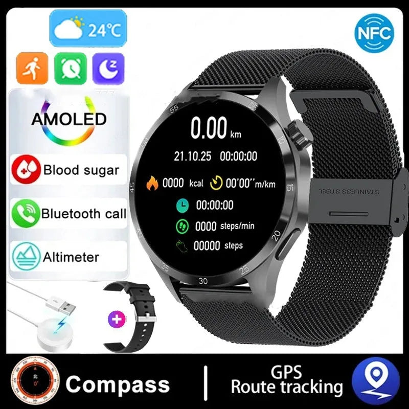 Black smartwatch with Bluetooth calling on wrist, showing health metrics on TFT screen
