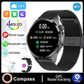 Black smartwatch with Bluetooth calling on wrist, showing health metrics on TFT screen