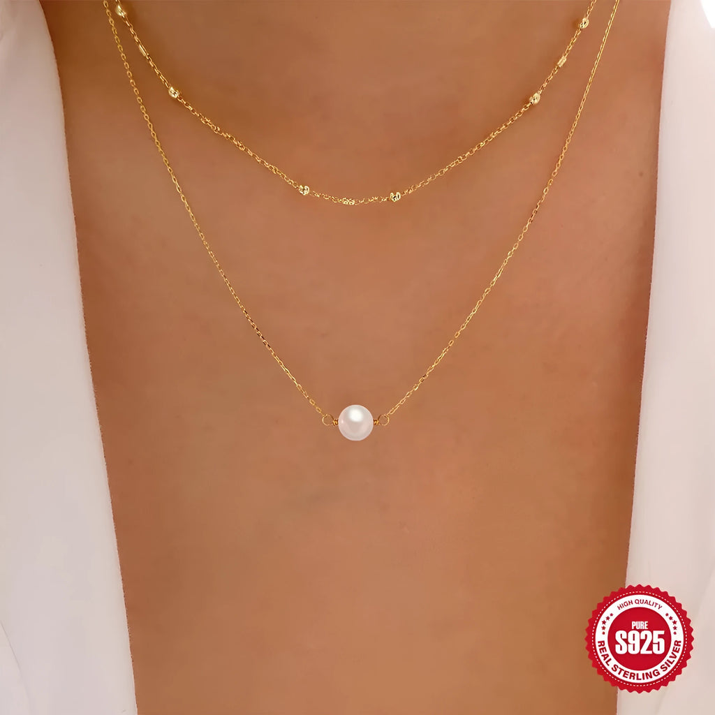 S925 sterling silver double layer necklace with twin pearls and geometric pendant on ball bead chain