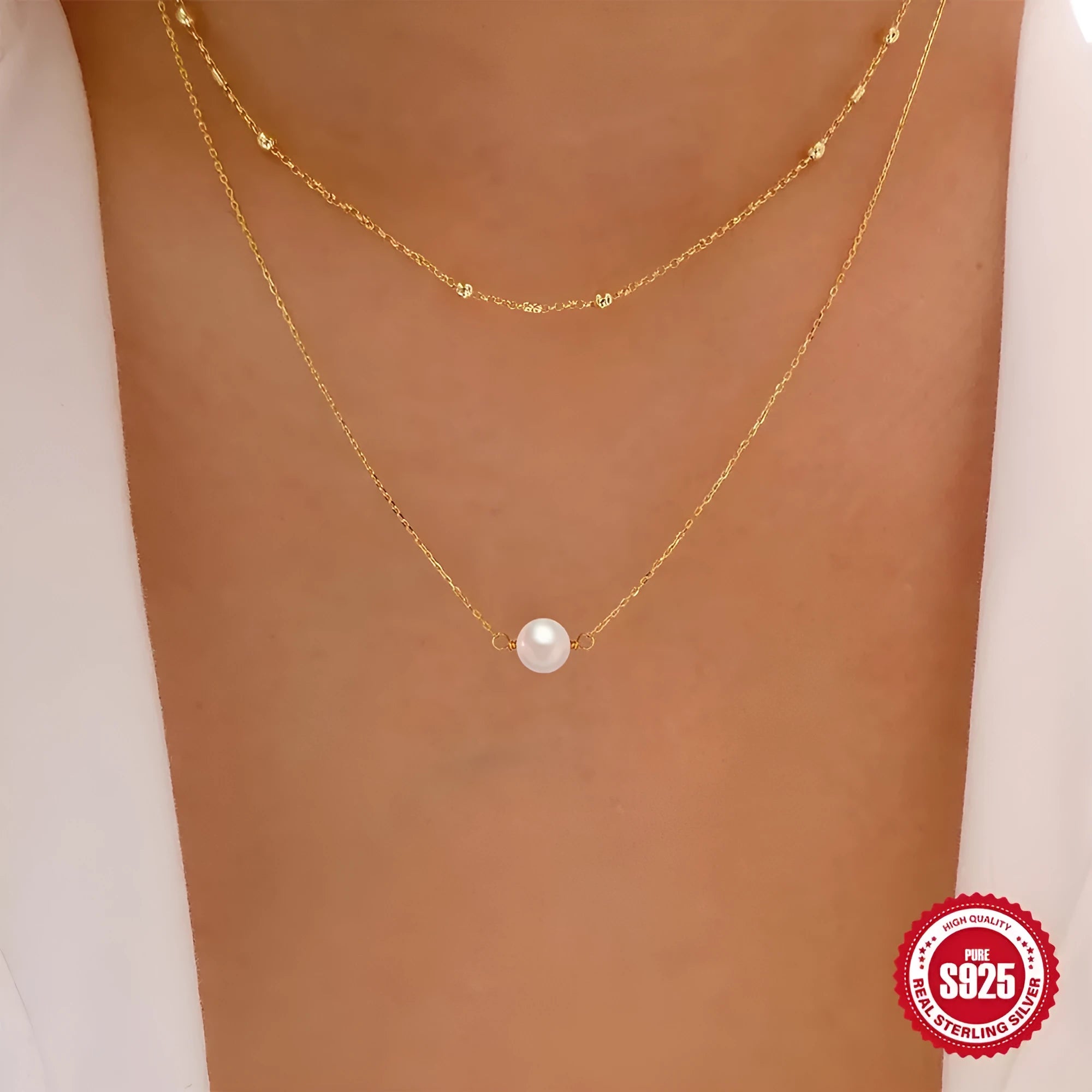 S925 sterling silver double layer necklace with twin pearls and geometric pendant on ball bead chain