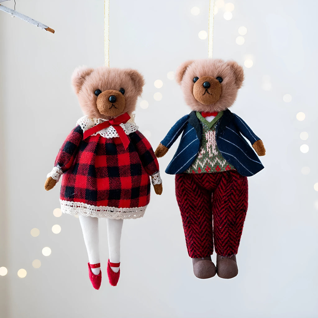 Couple plush bear dolls wearing cotton plaid outfits, princess bear and gentleman bear cartoon characters