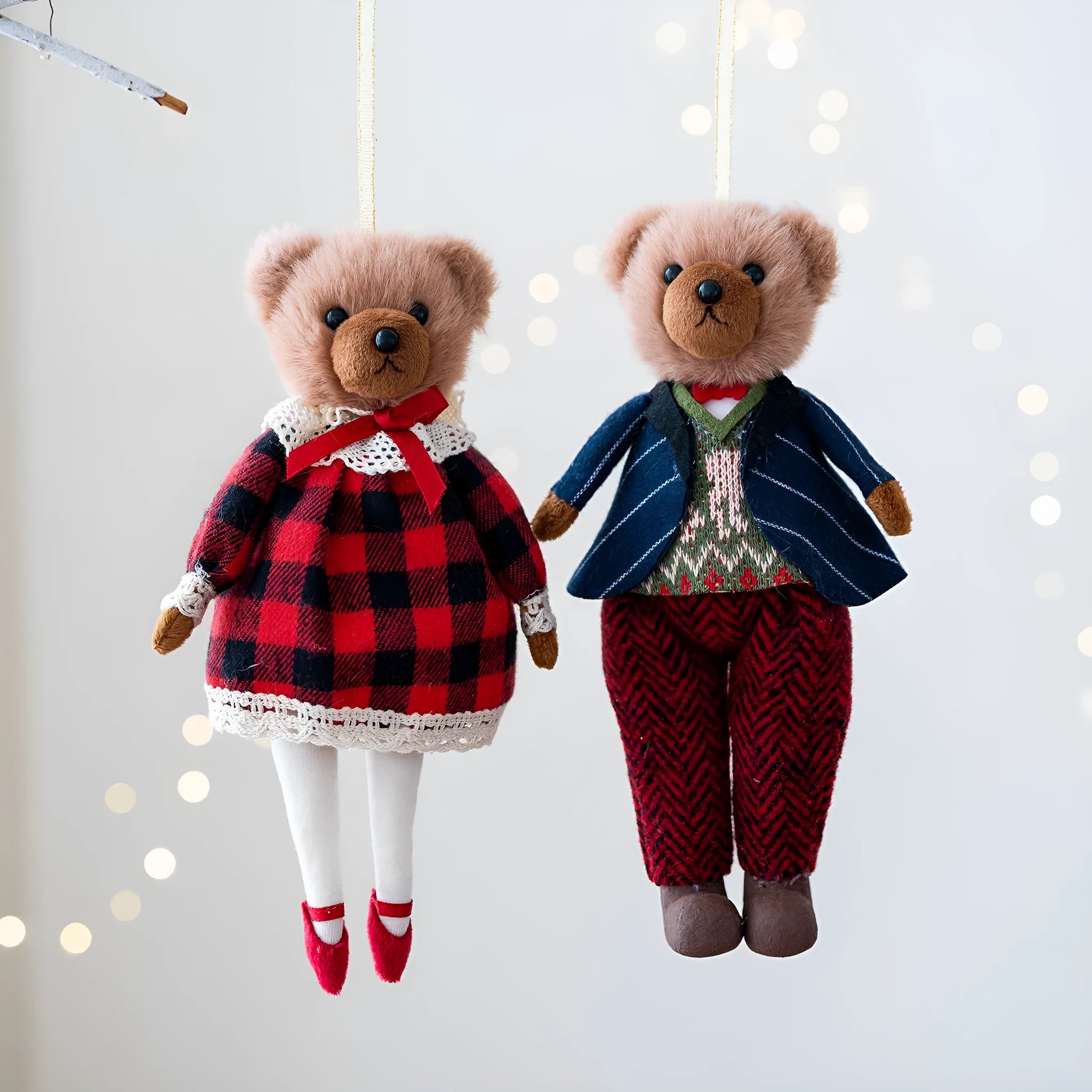 Couple plush bear dolls wearing cotton plaid outfits, princess bear and gentleman bear cartoon characters