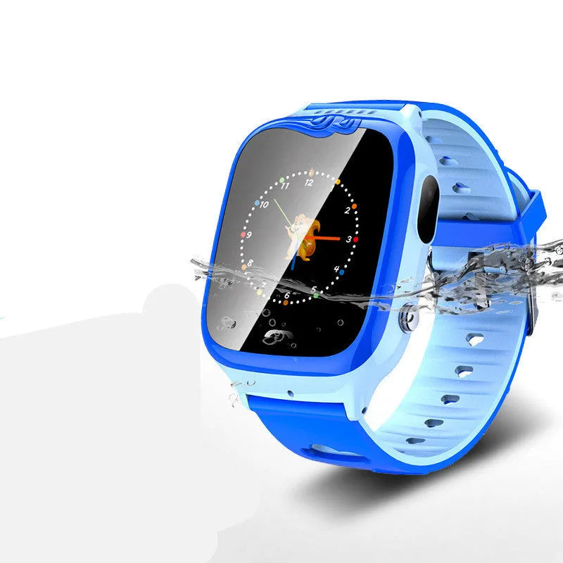 Blue children's phone watch with touch screen showing positioning interface on silicone wristband