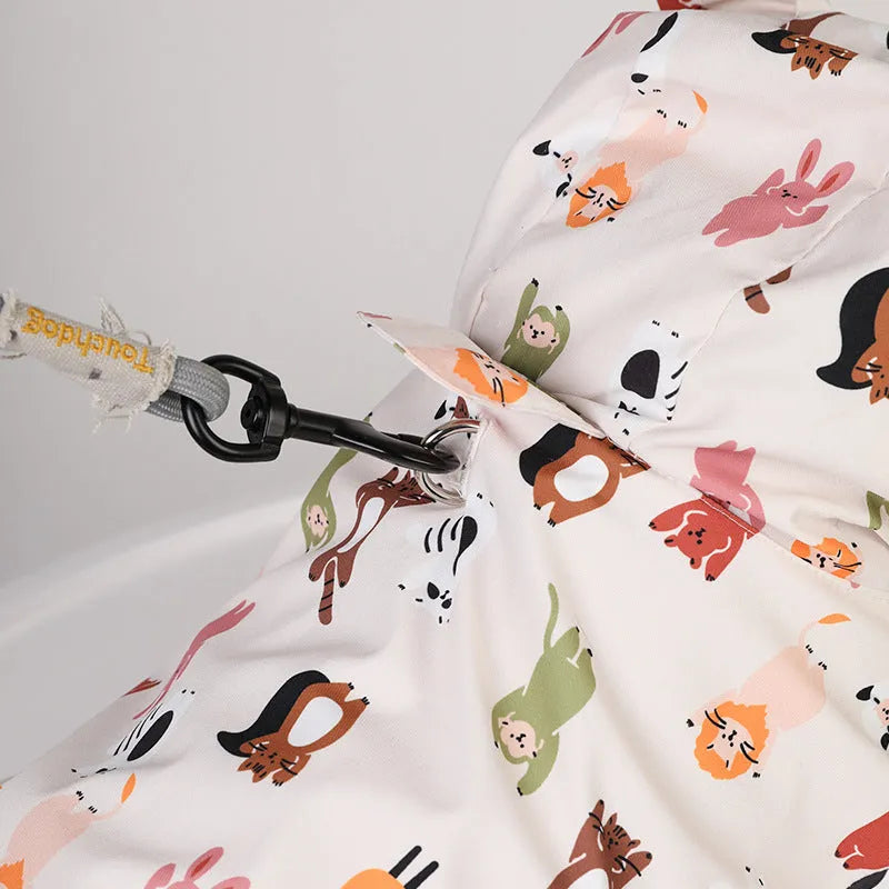 Beige cartoon pattern dog raincoat with double waterproof coating in sizes from small to extra-extra-large