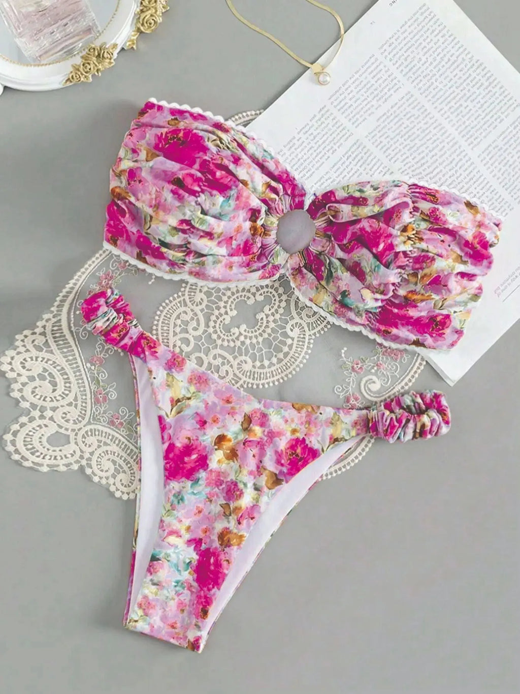 Women's floral print bikini set with lace trim tube top in blue colour