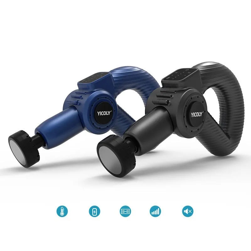 Black smart muscle massage gun with five interchangeable heads and carry bag