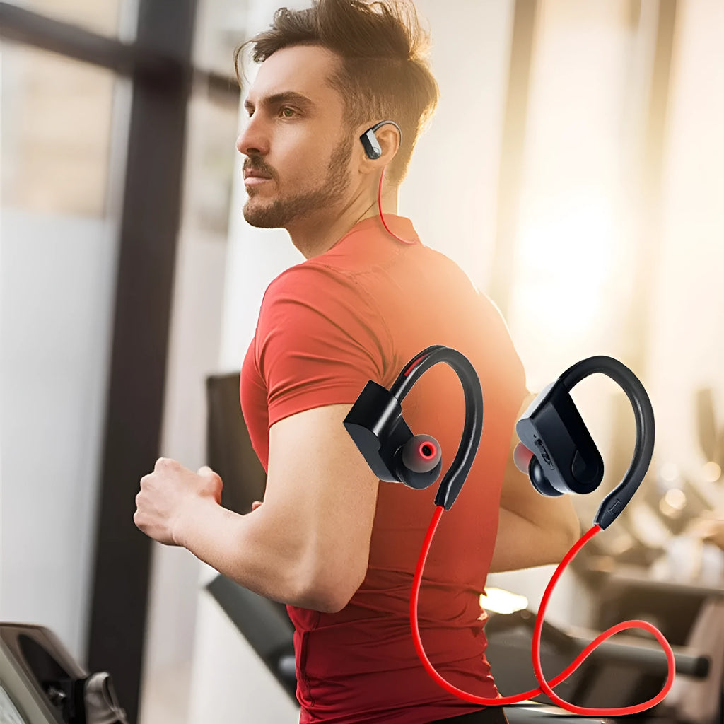 Black neck-mounted Bluetooth earphones with earbuds and USB charging cable
